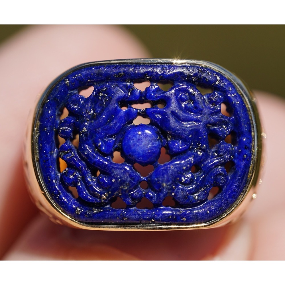 Vintage 14k Solid Gold Filigree Twin Dragon Natural Lapis Lazuli Bezel Ring